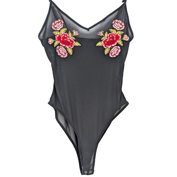 VTG Y2K Sheer Dark Fairy Whimsigoth Black Floral Embroidered Rose Cami Bodysuit - Picture 1 of 6
